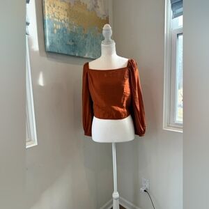 Rust Square-Neck Puff Sleeve Crop Top - Unbranded